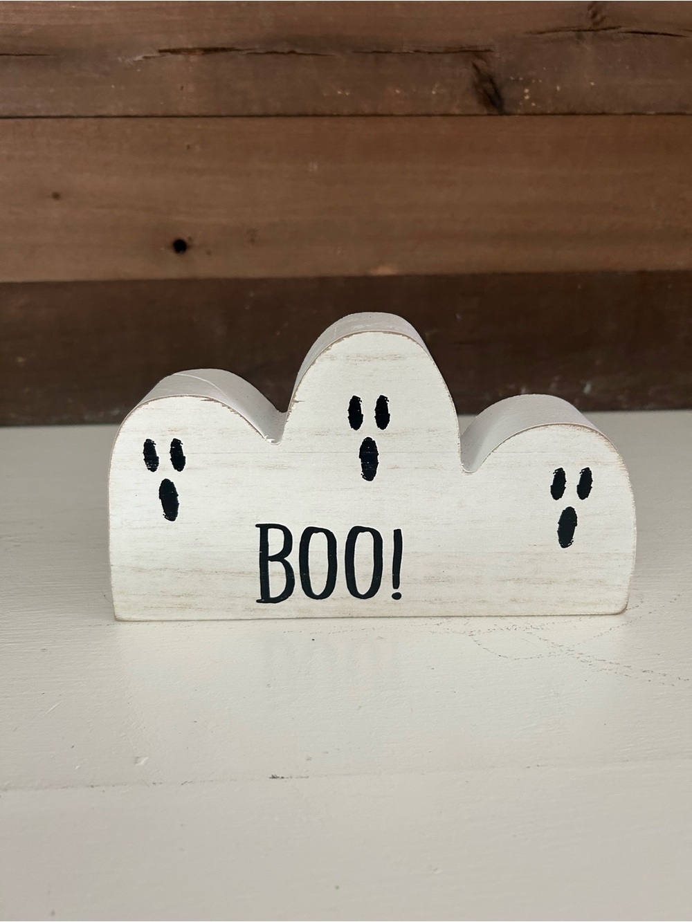 Wooden 'BOO!' Ghost Shelf Decor in White and Black